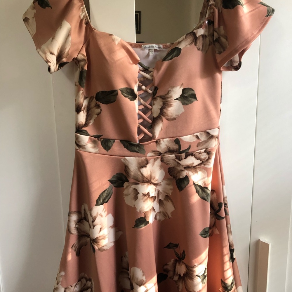 Light peachy pink floral dress with tie up deep V